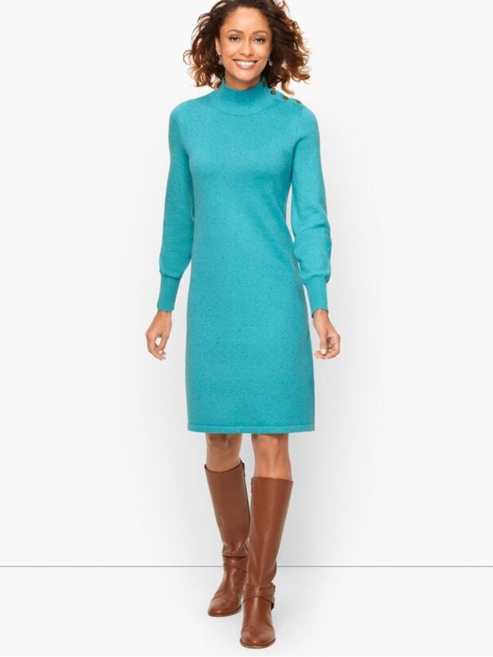 Talbots Tweed Confetti Mockneck Long Sleeve Sweater Dress Teal Blue Women's M